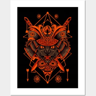 Orange and Black Illustration Samurai Cat Posters and Art